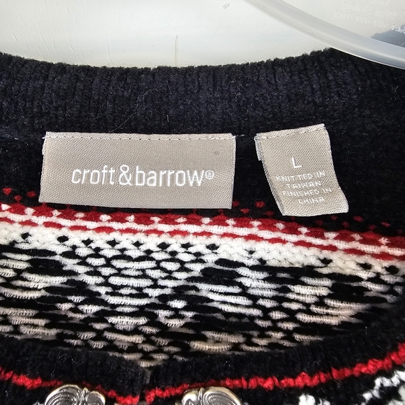 Croft & Barrow Sweater Cardigan Womens Large Black Fair Isle Nordic Chenille - Picture 3 of 9